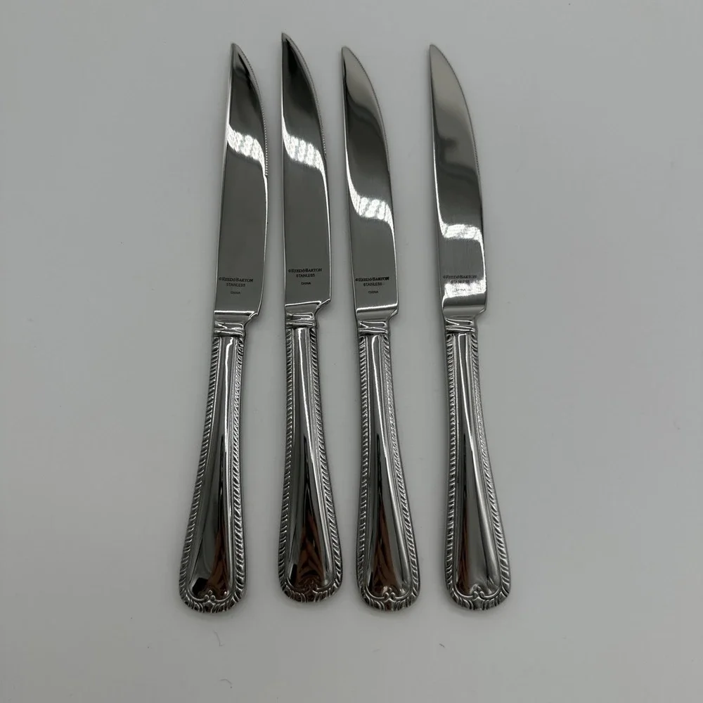 Reed & Barton Steak Knives Set of 4 Rope Edge‎ Stainless Steel Silver 9 inch